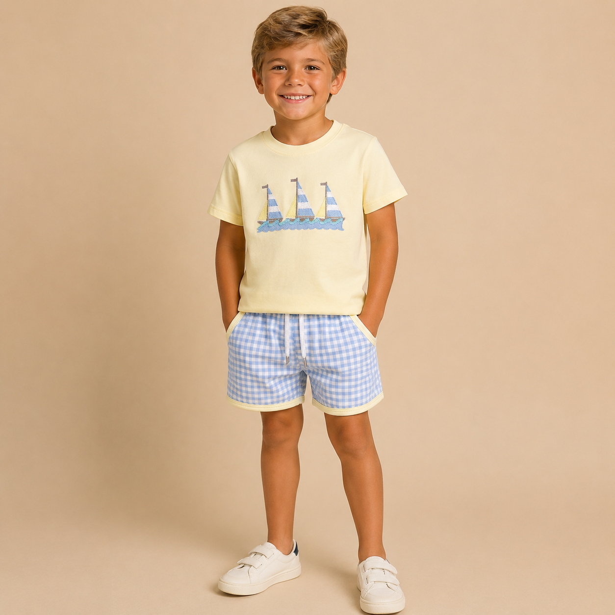Child wearing a yellow t-shirt with sailboat design and blue checkered shorts on a beige background