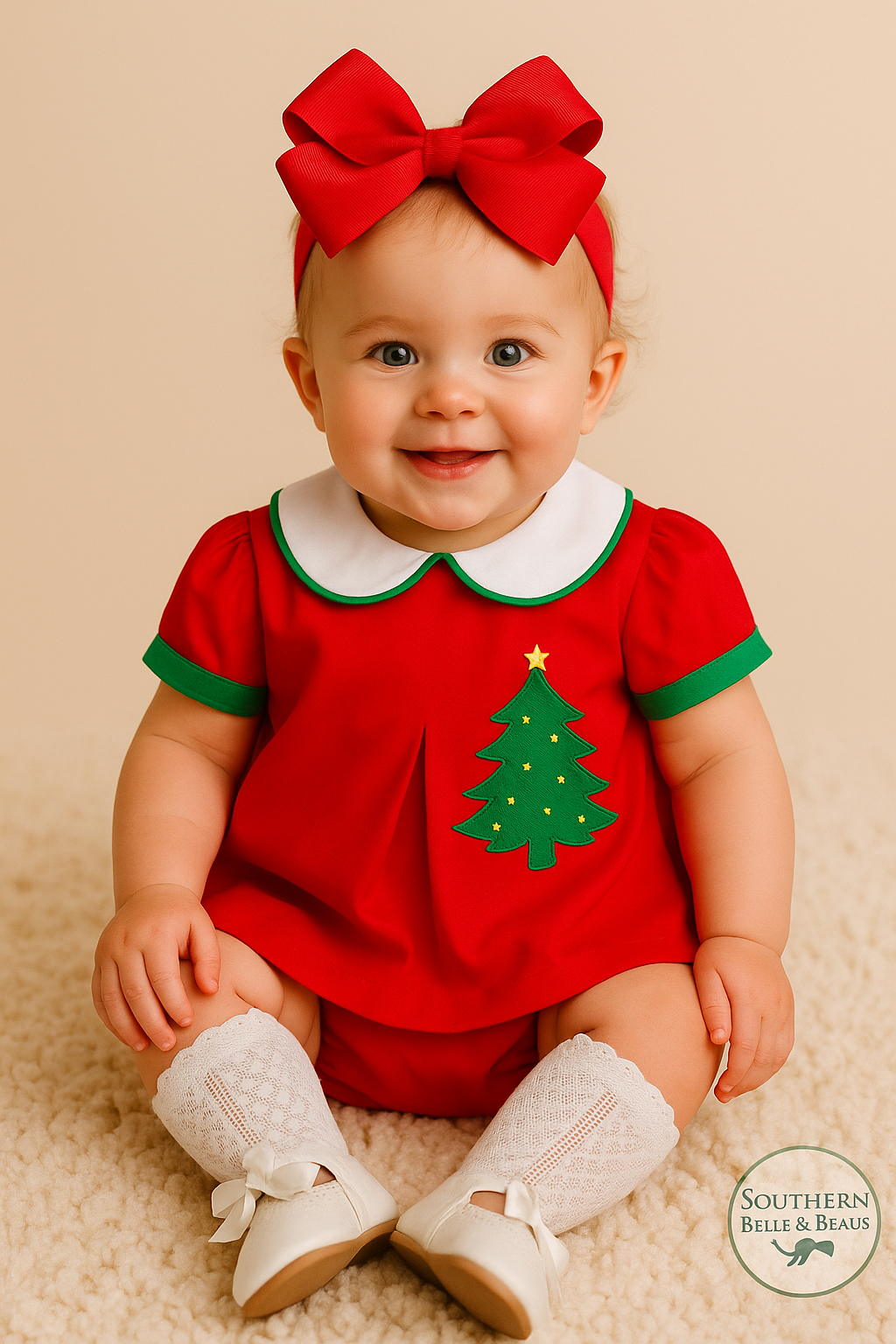 red cotton top, white Peter Pan collar, and green-trimmed sleeves.
