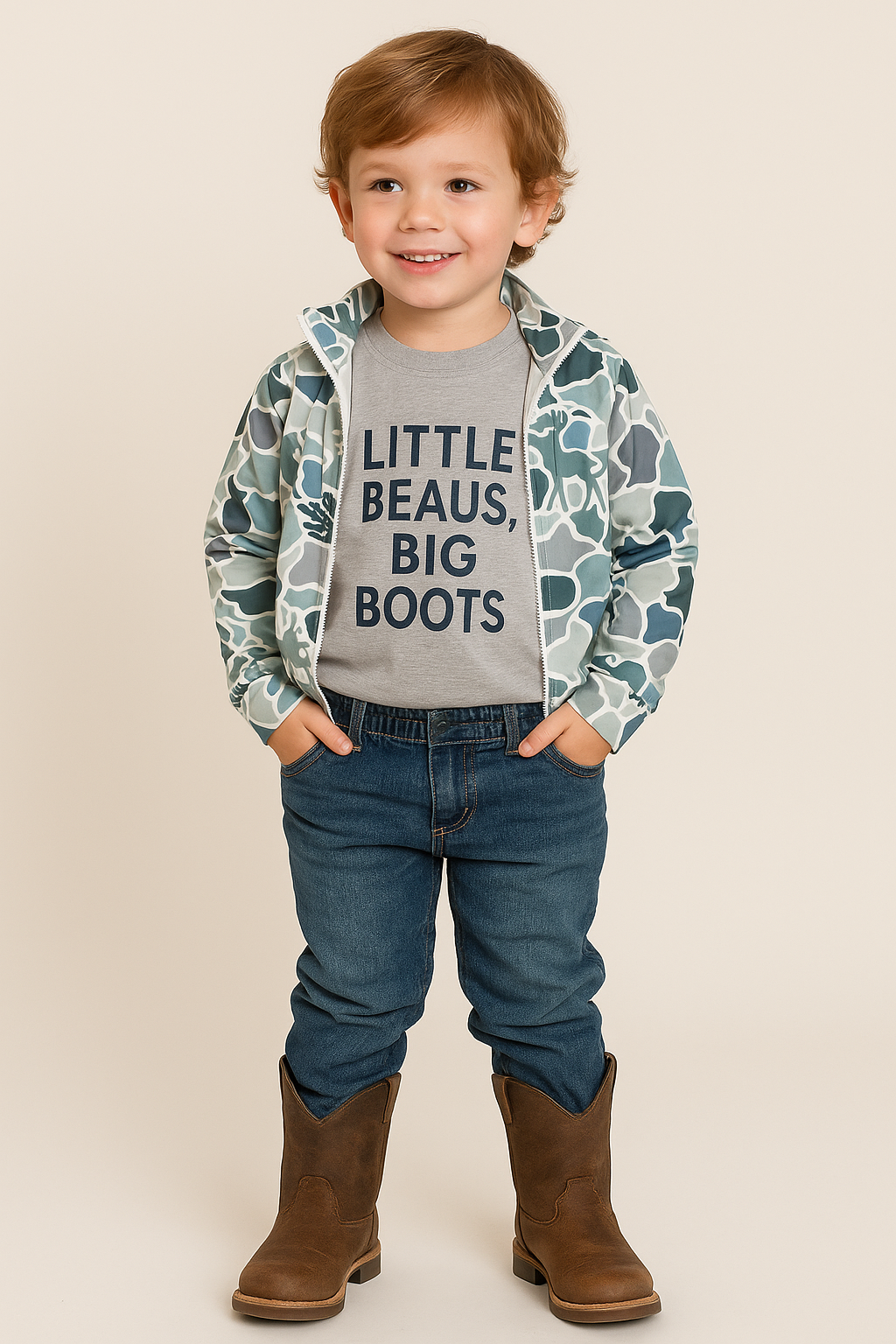 Child wearing a patterned jacket, gray shirt with text, blue jeans, and brown boots on a beige background