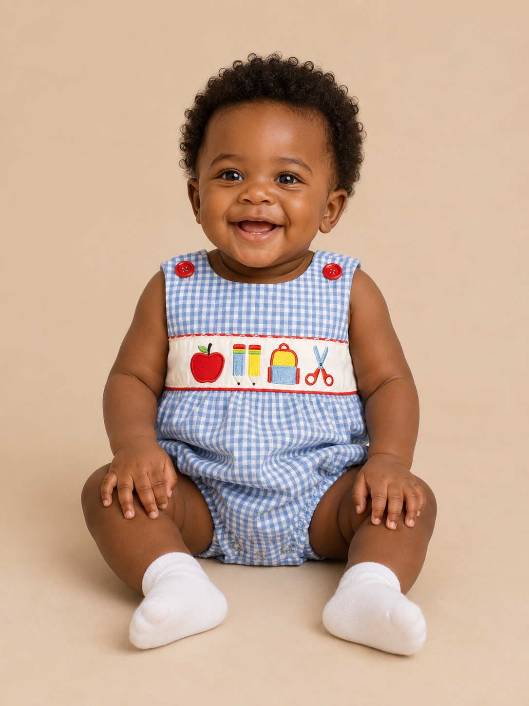 A smiling baby sitting on a beige studio background, wearing a blue and white seersucker bubble with a white chest panel featuring colorful school-themed icons and red apple details, plus white socks.