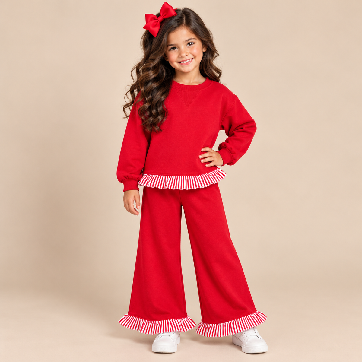 Young girl wearing a red pant suit with red & white trim.