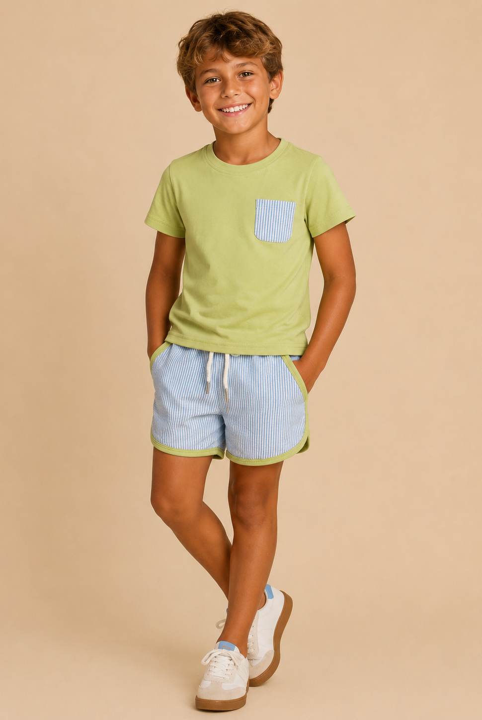 Child wearing a green t-shirt with a pocket and light blue shorts on a beige background