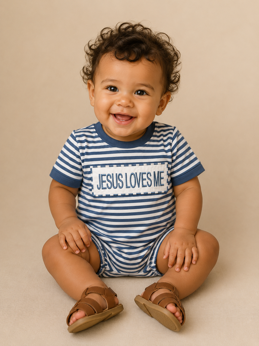 Baby wearing a striped onesie with 'Jesus Loves Me' text, sitting on a beige background