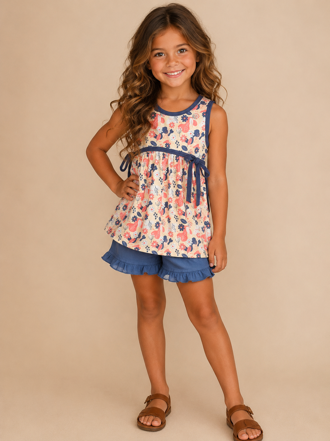 Young girl wearing a floral dress with ruffled shorts on a beige background