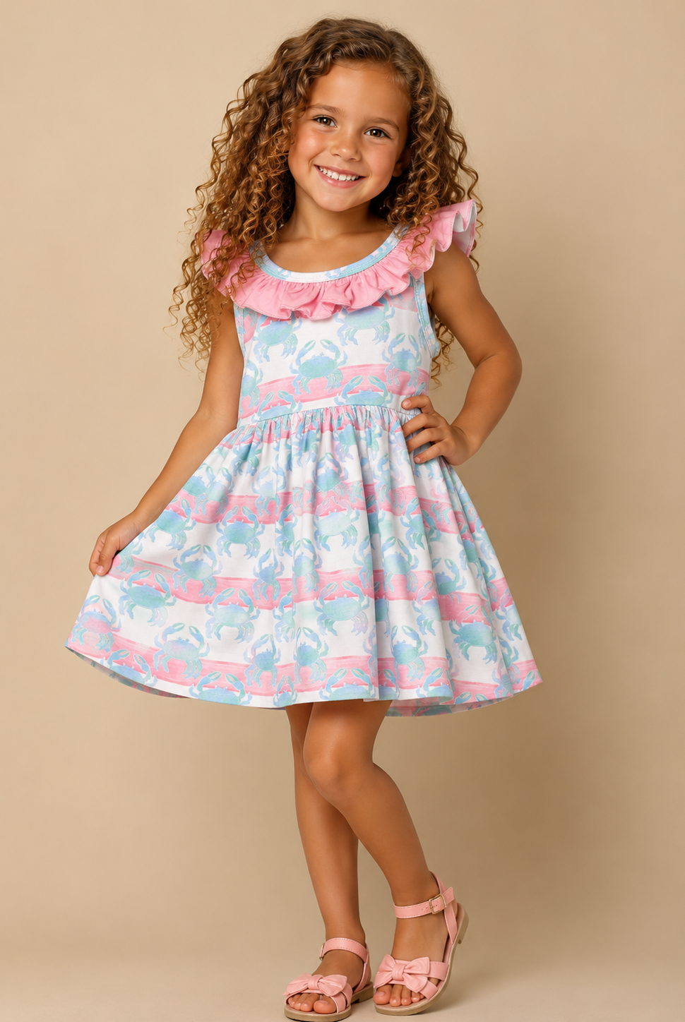Young girl wearing a colorful dress with ruffled details on a beige background