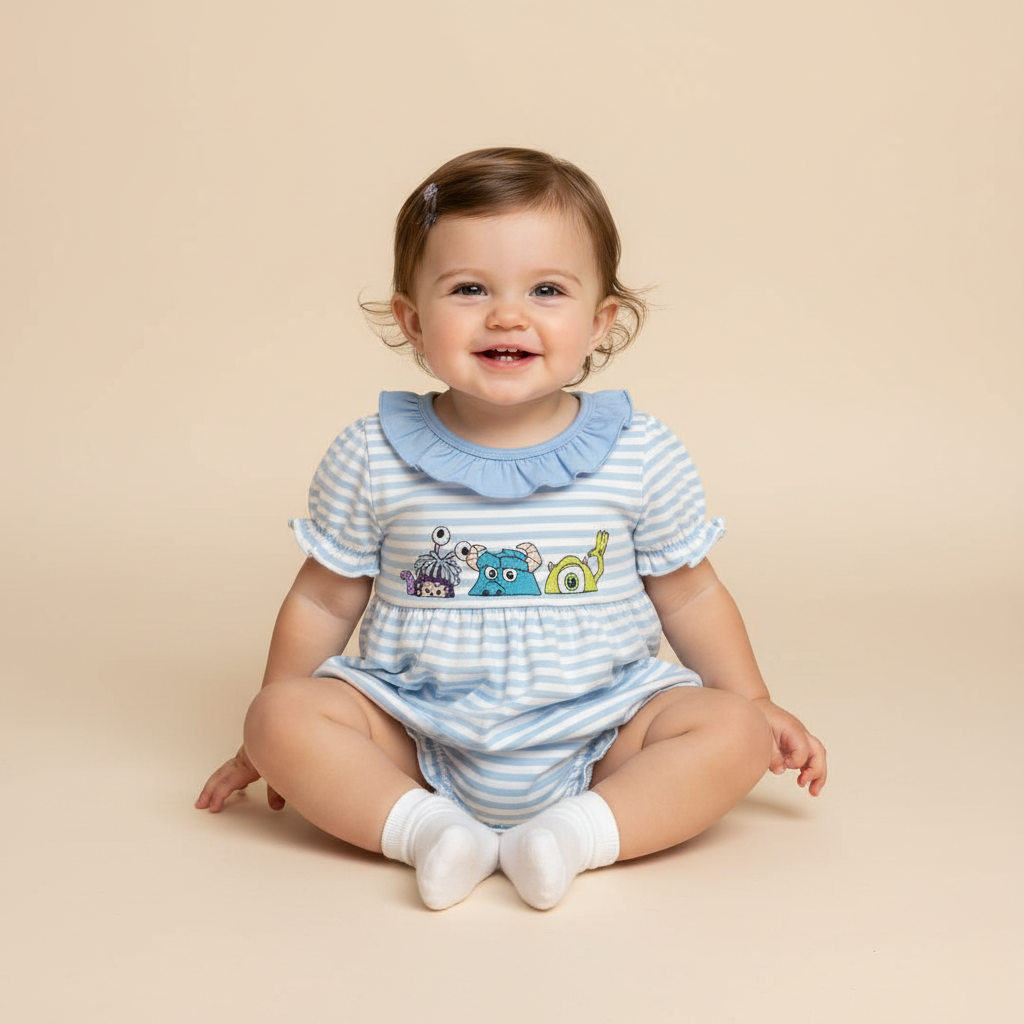 Infant girl wearing a light blue & white striped bubble with monsters on the front.