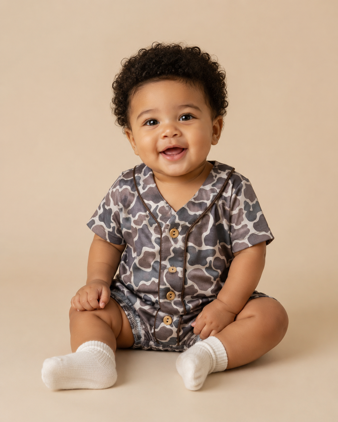 A smiling baby with curly dark hair sits cross-legged on a warm beige studio background, wearing a short-sleeve button-front camo bubble.