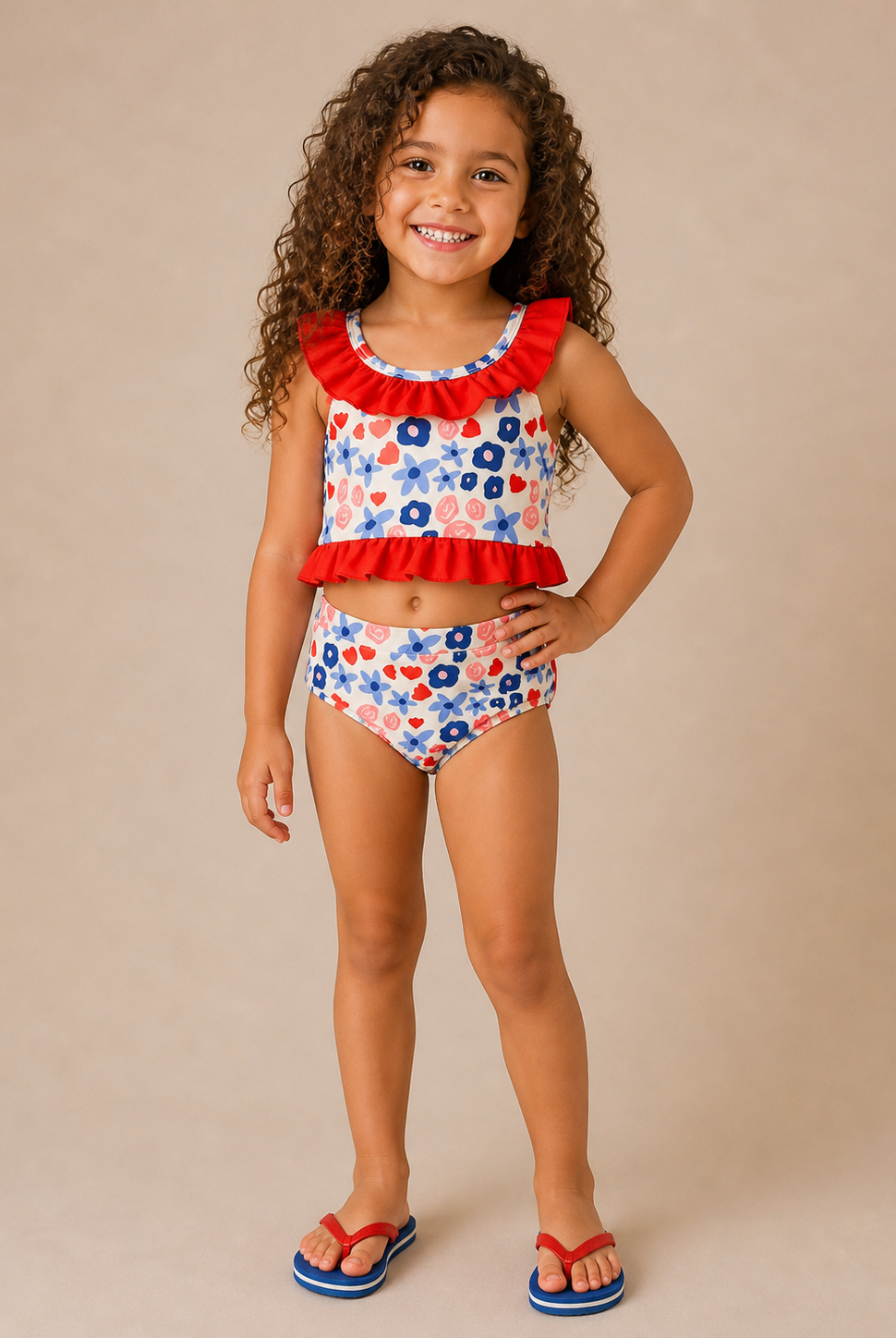 Young girl wearing a red, white, and blue swimsuit with ruffled top on a beige background
