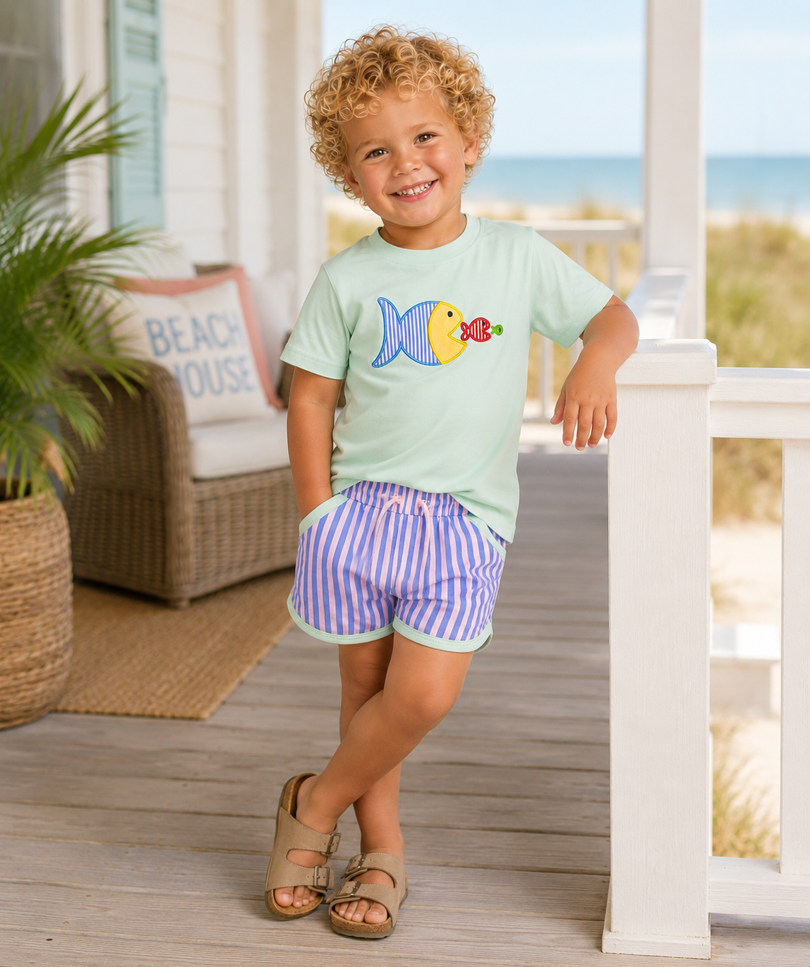 A young child stands on a beach-themed porch wearing a light mint green t-shirt with a yellow and blue fish graphic.