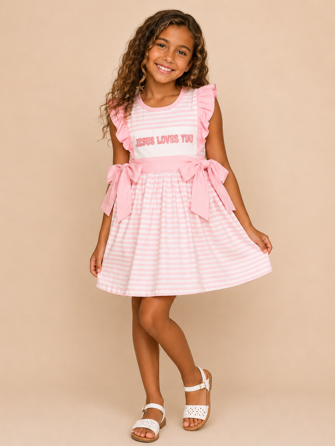 A young girl with curly brown hair stands against a solid beige studio background wearing a pink and white striped dress with ruffle sleeves, a pink waistband with bows, and the words 'JESUS LOVES YOU' printed on the chest. She is wearing white sandals.