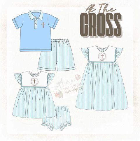 Illustration of a light blue collared polo with contrast trim and a embroidered cross, paired with pinstriped, elastic-waist shorts for a polished yet comfortable look.