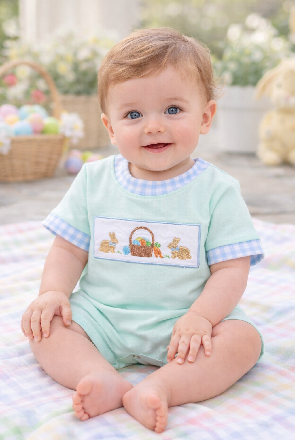 Baby sitting on a blanket with Easter-themed outfit and background