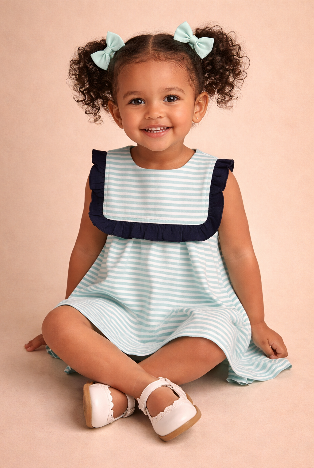 Child wearing a light blue and white striped dress with a navy neckline on a beige background