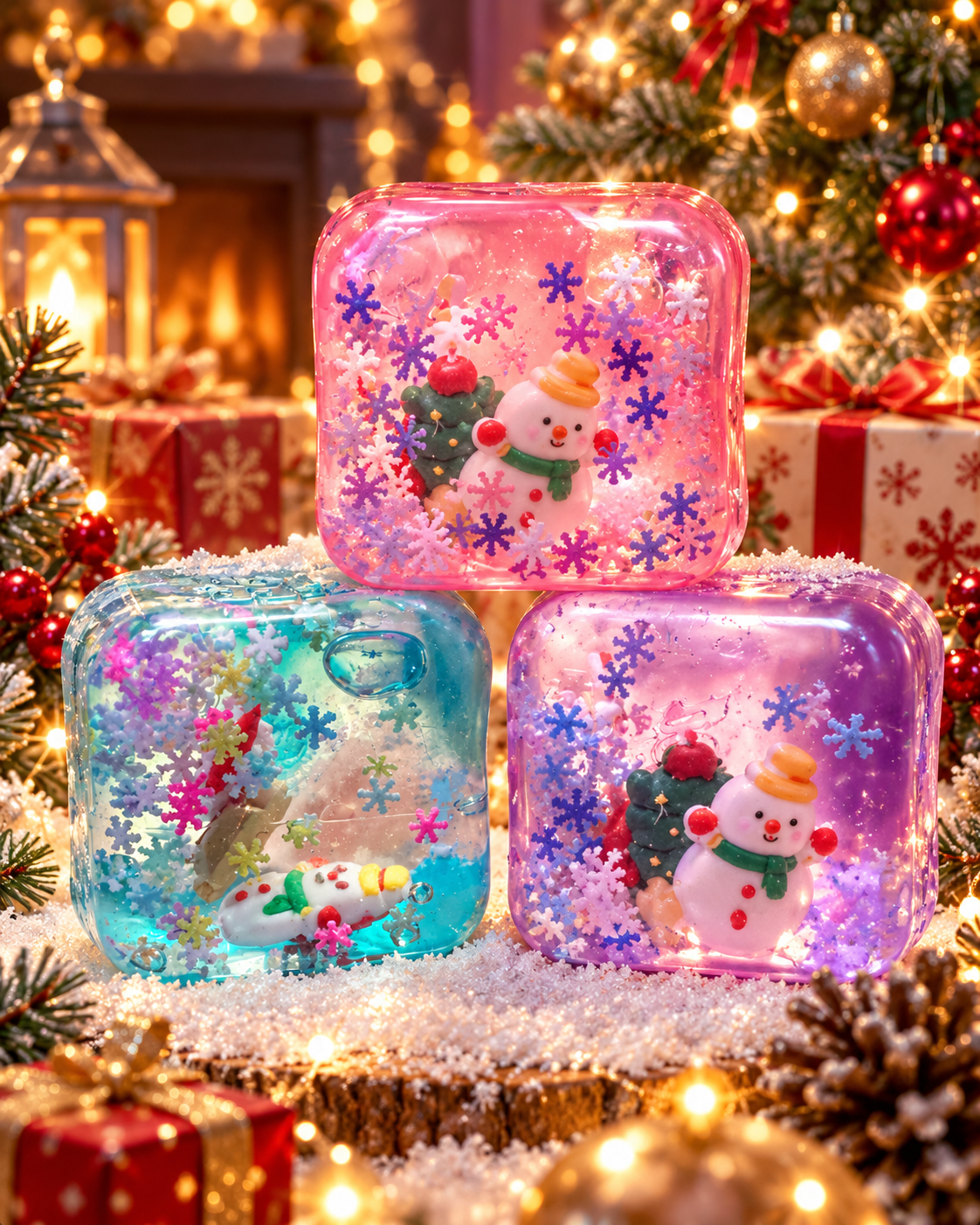 Christmas snow globe gel squishy cubes in pink, teal, and purple with snowmen and snowflakes inside