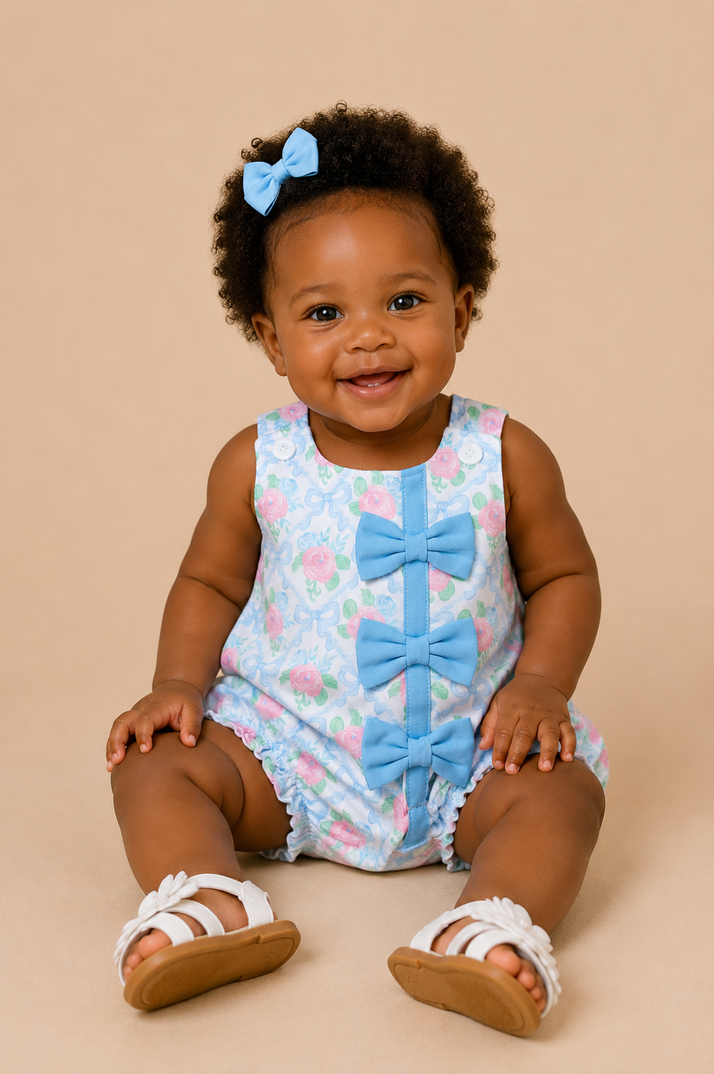 A smiling baby girl with curly hair wearing a light blue bow headband, a light blue floral romper with large light blue bows, and white sandals, sitting against a solid beige background.