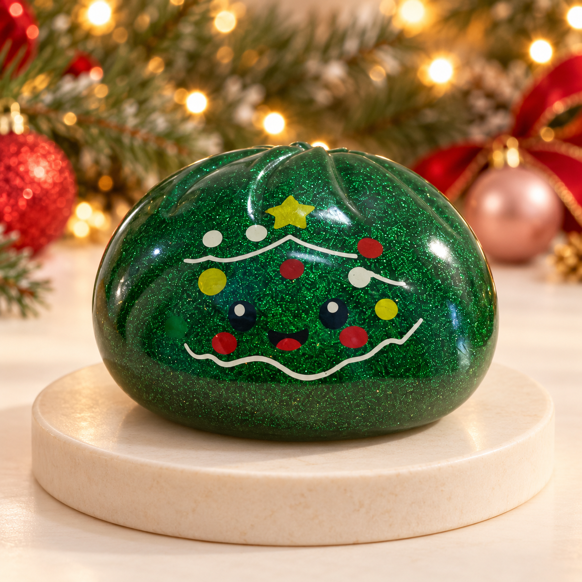 Green sparkly Christmas tree mystery squishy dumpling toy with star