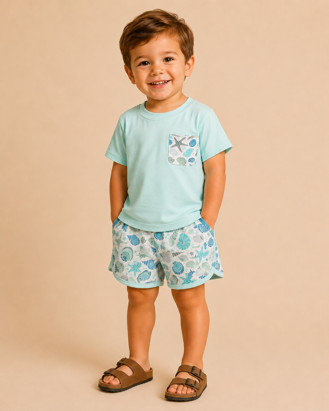 Child wearing a light blue t-shirt and patterned shorts on a beige background