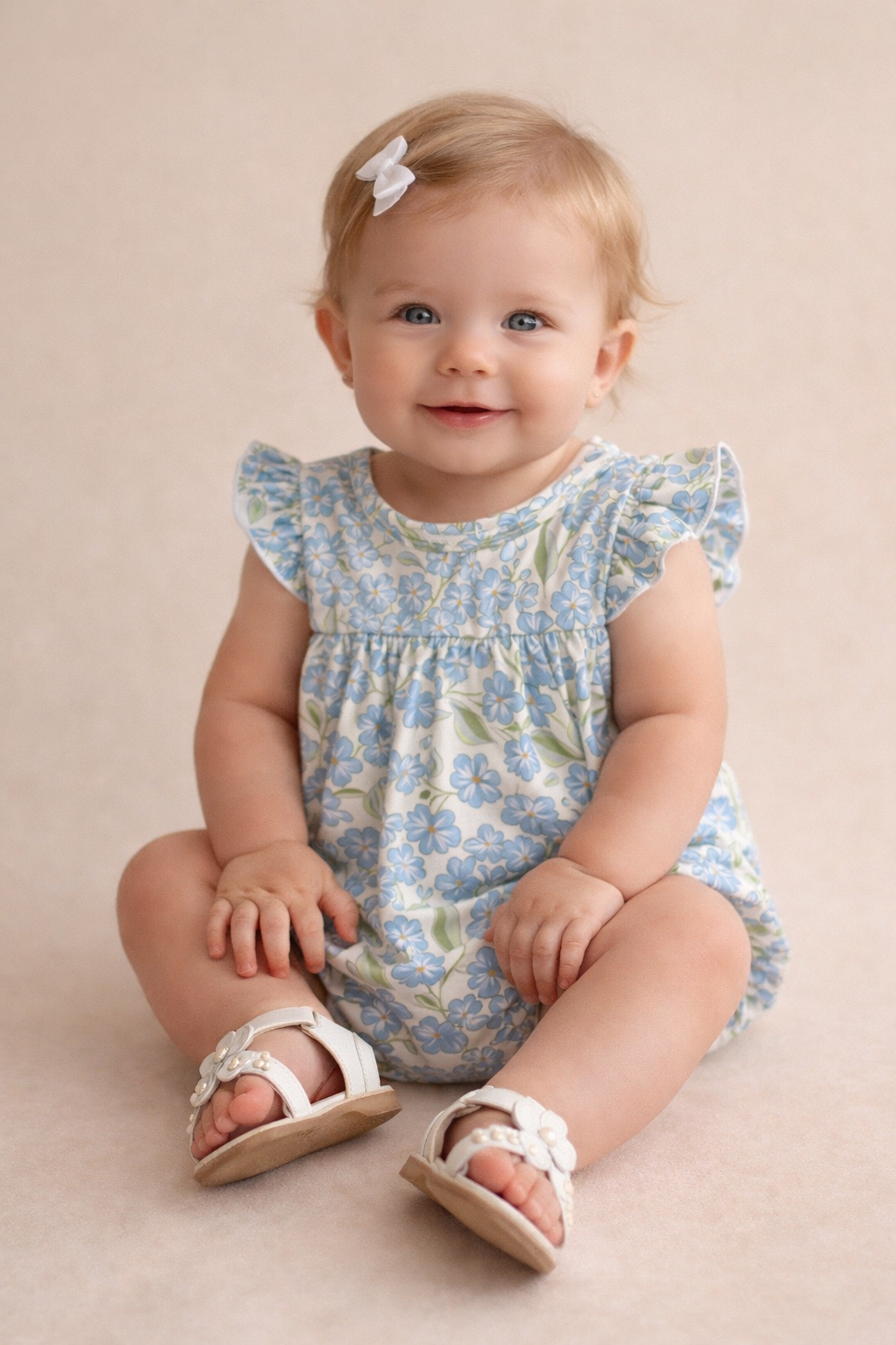 Baby wearing a floral dress and sandals on a beige background