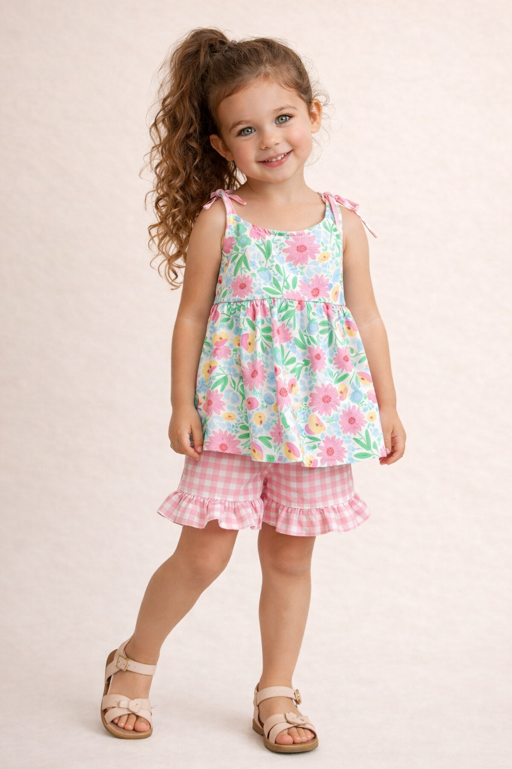 Young girl wearing a floral top and checkered shorts on a light background