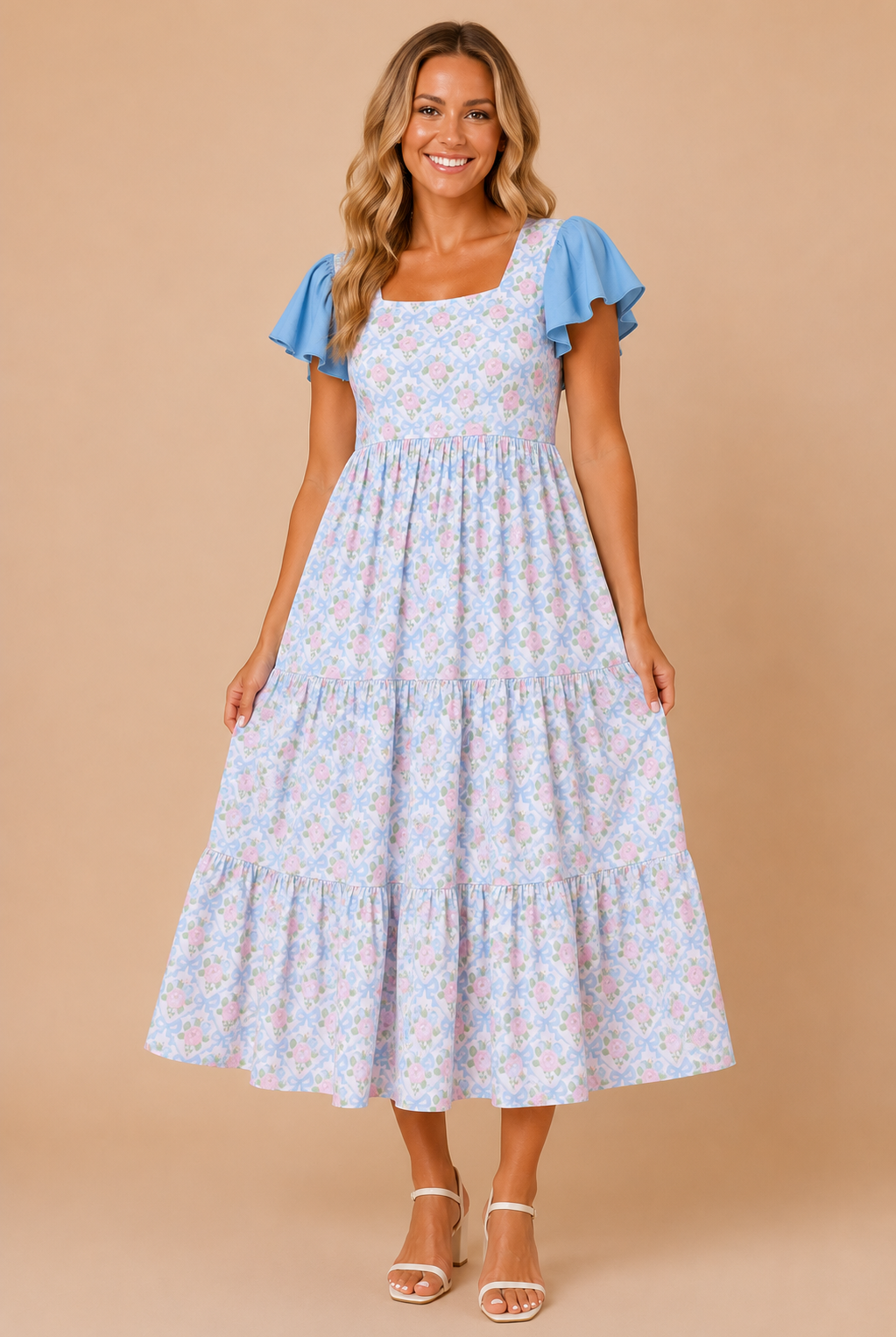 A woman modeling a light blue tiered midi dress with a delicate pink and white floral pattern, featuring flutter sleeves and a square neckline, set against a solid beige background.