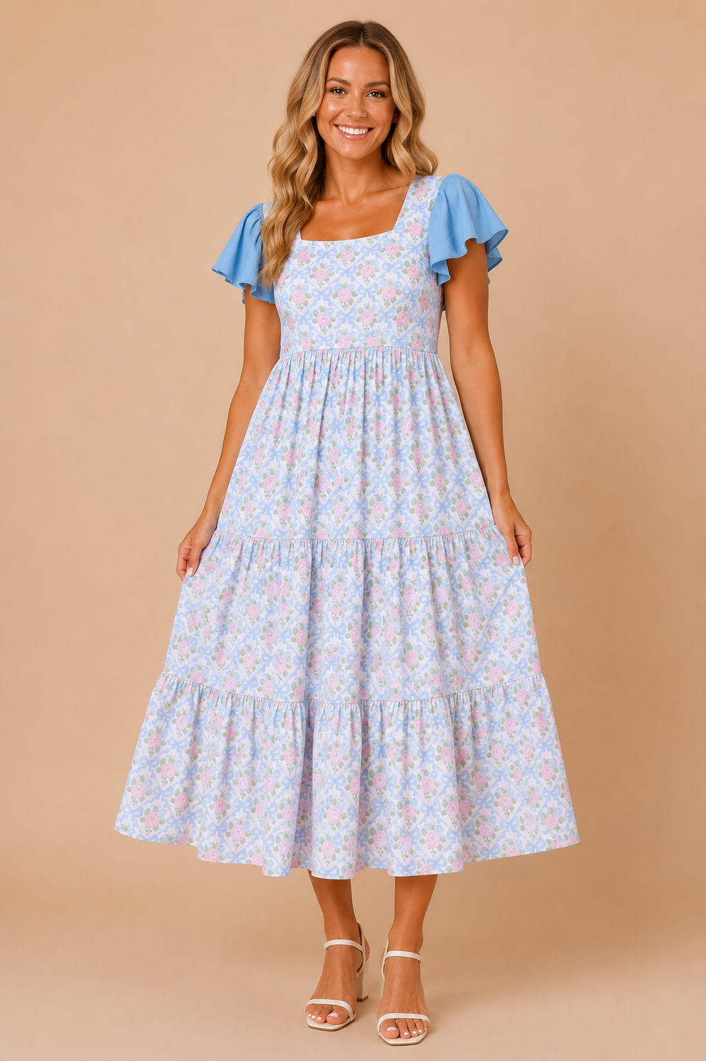 A woman modeling a light blue tiered midi dress with a delicate pink and white floral pattern, featuring flutter sleeves and a square neckline, set against a solid beige background.