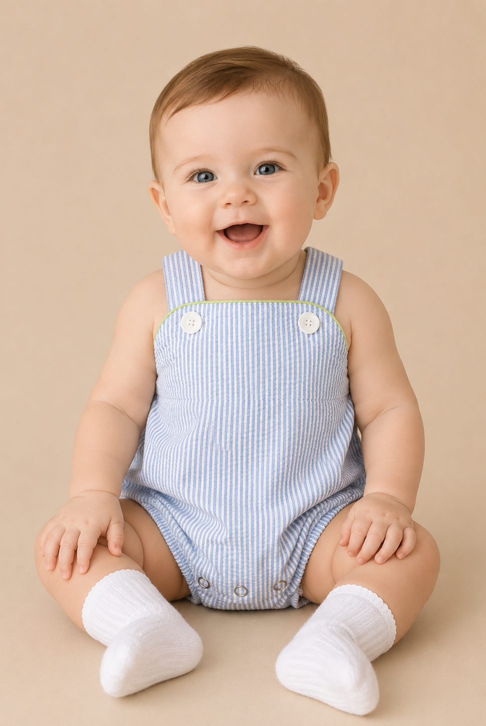 Baby wearing a blue striped romper sitting on a beige background