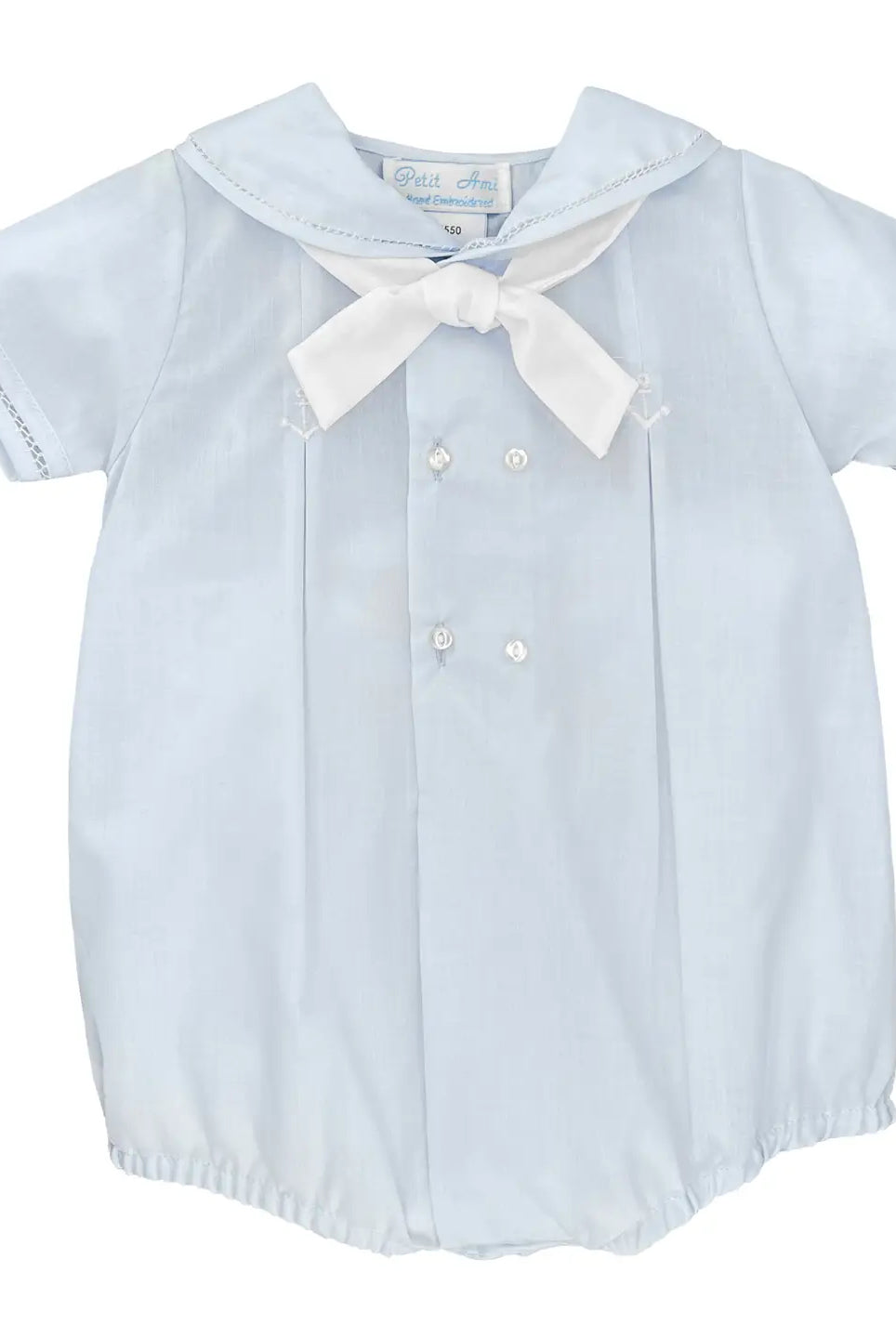 Light blue baby dress with a white bow on a white background
