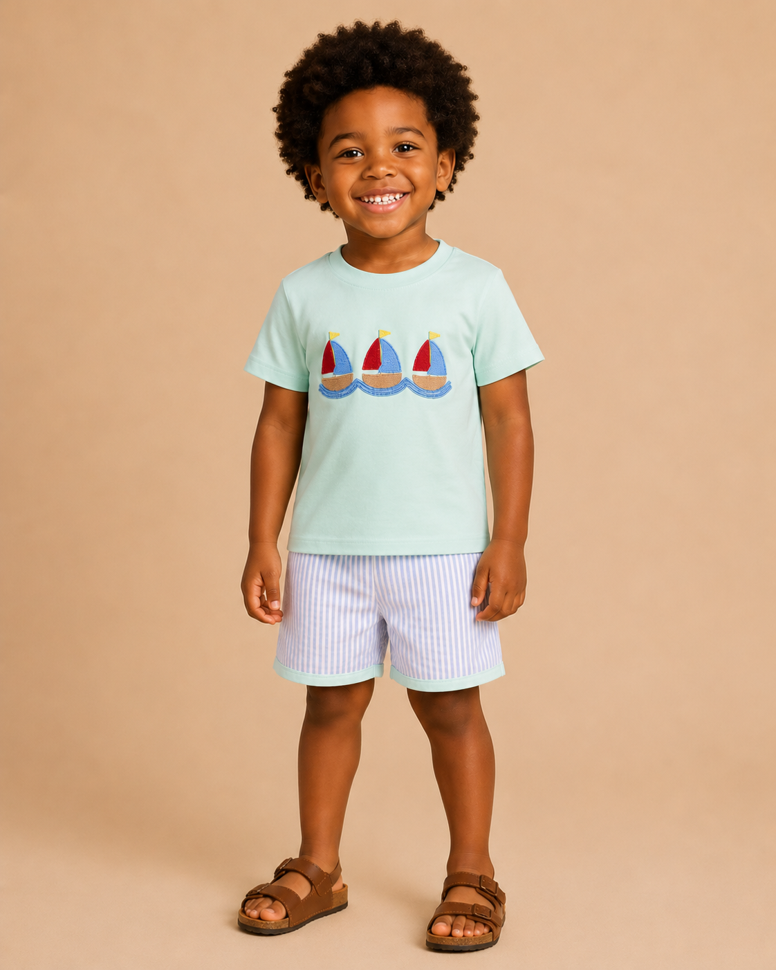 Child wearing a light blue t-shirt with sailboat design and striped shorts on a beige background