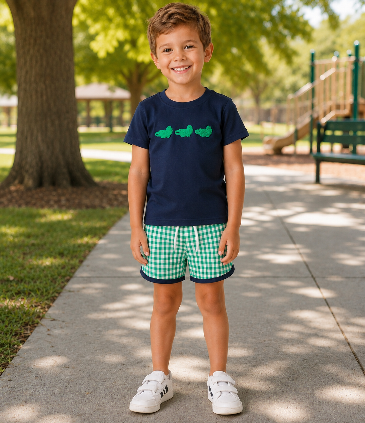 A young boy stands on a paved path in a park, wearing a navy blue t-shirt with three green frog graphics on the chest, green and white gingham shorts, and white sneakers.