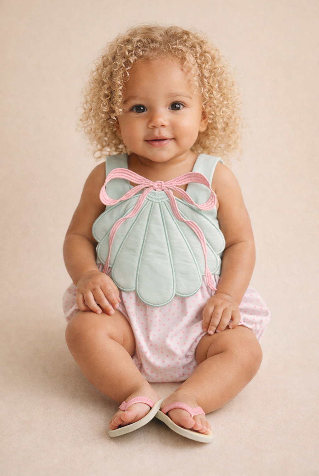 Baby girl wearing a pink and white polkadot bubble with a clam shell on the front.