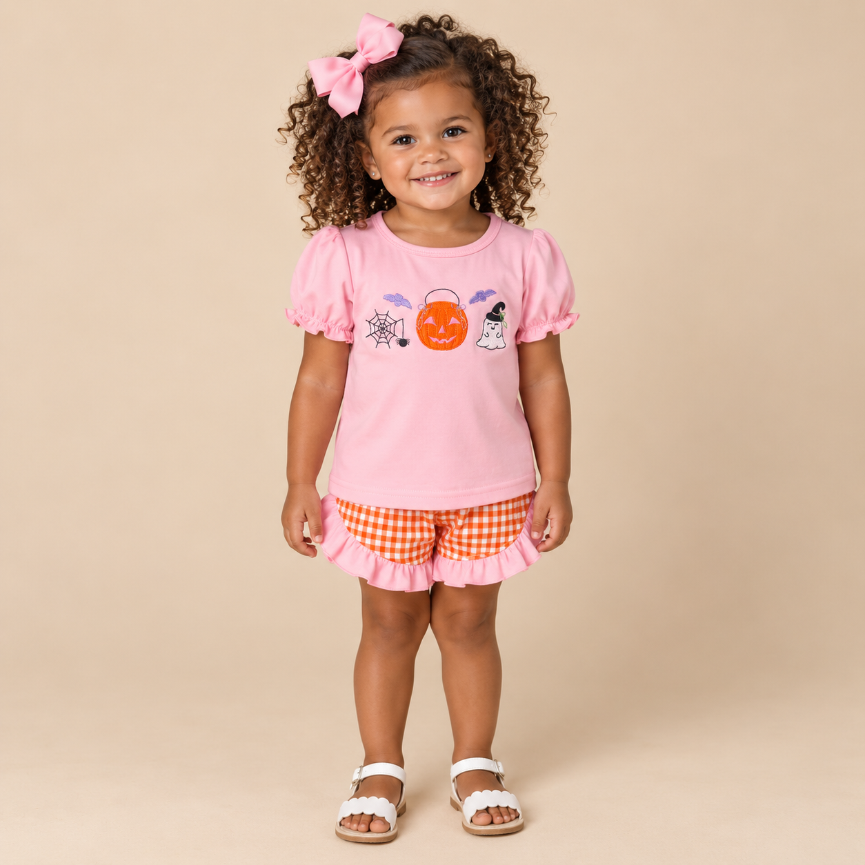 Toddler girl wearing a pink shirt with Halloween themed embroidery. Orange gingham shorts on a beige background.