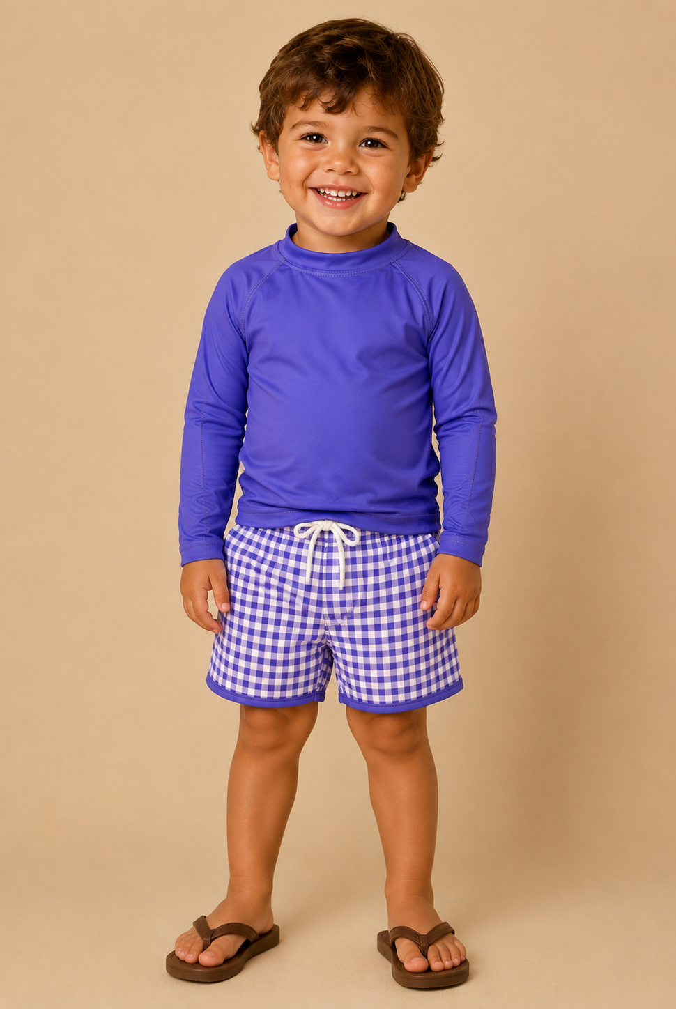 Child wearing a purple long-sleeve shirt and checkered shorts on a beige background