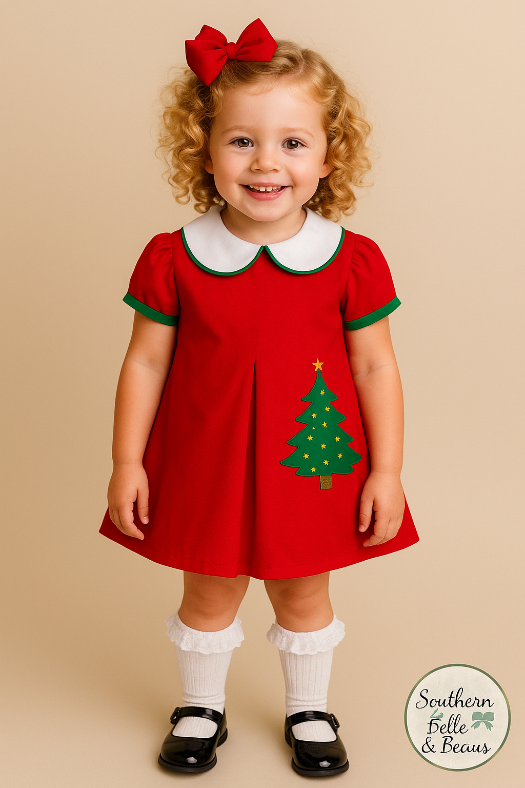 red fabric, white Peter Pan collar with green piping, and a sweet appliquéd Christmas tree for that picture-perfect holiday look.