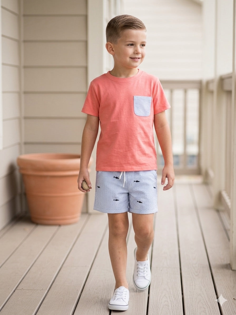 Young boy wearing a coral t-shirt and checkered shorts on a wooden deck.