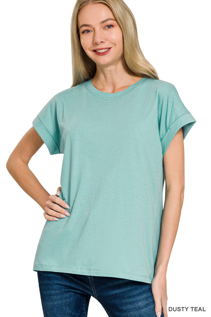 Zenana cotton folded sleeve tee in Dusty Teal