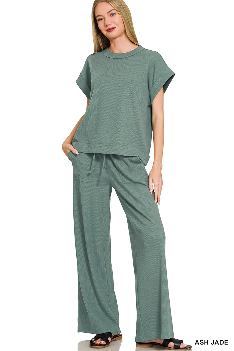 Zenana ribbed tee and pants set in Ash Jade