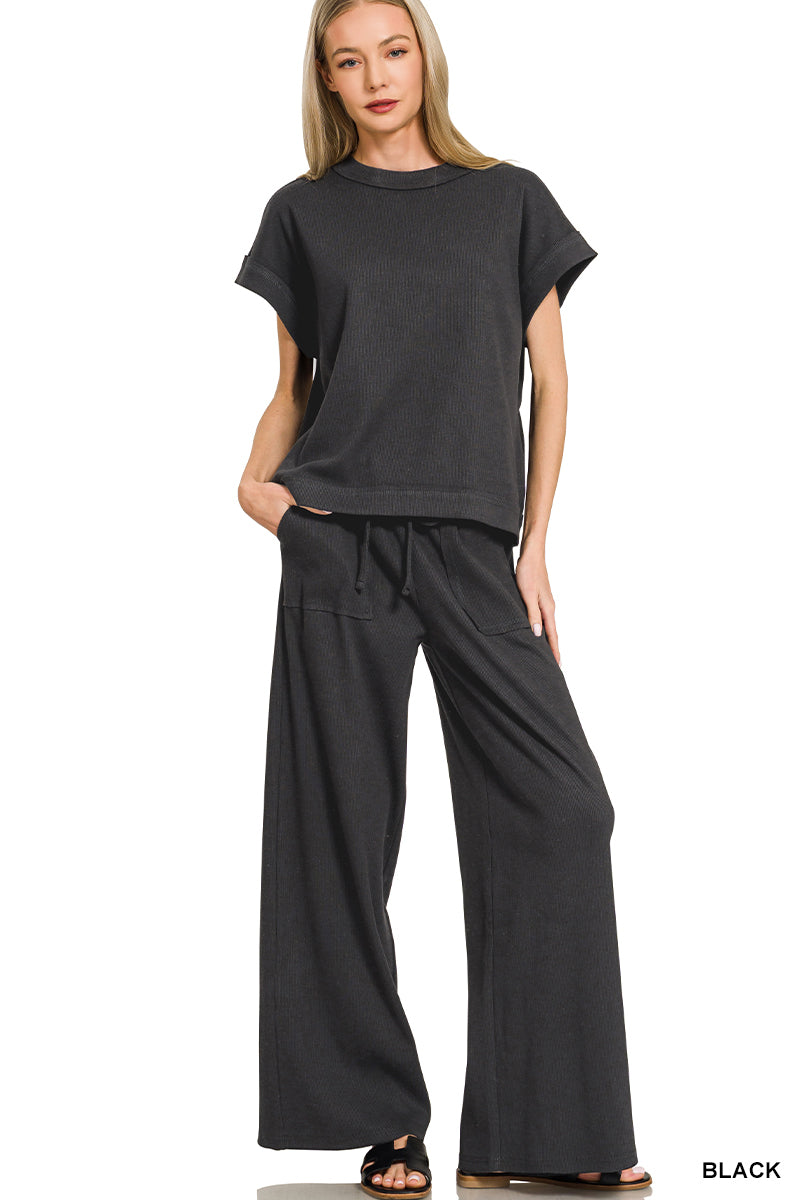 Zenana ribbed tee and pants set in Black