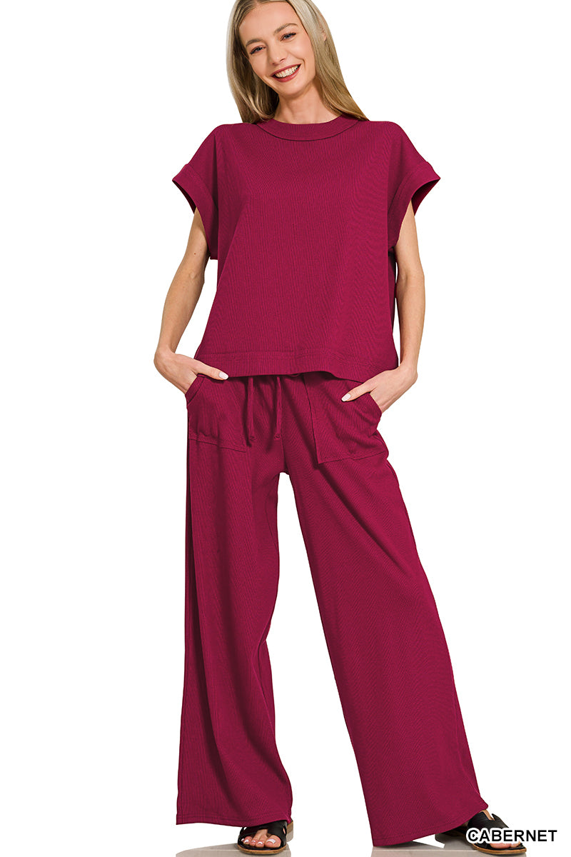 Zenana ribbed tee and pants set in Cabernet