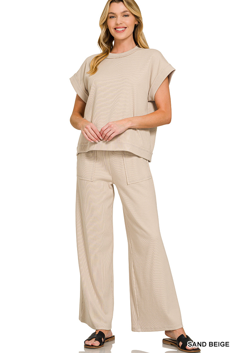 Zenana ribbed tee and pants set in Sand Beige