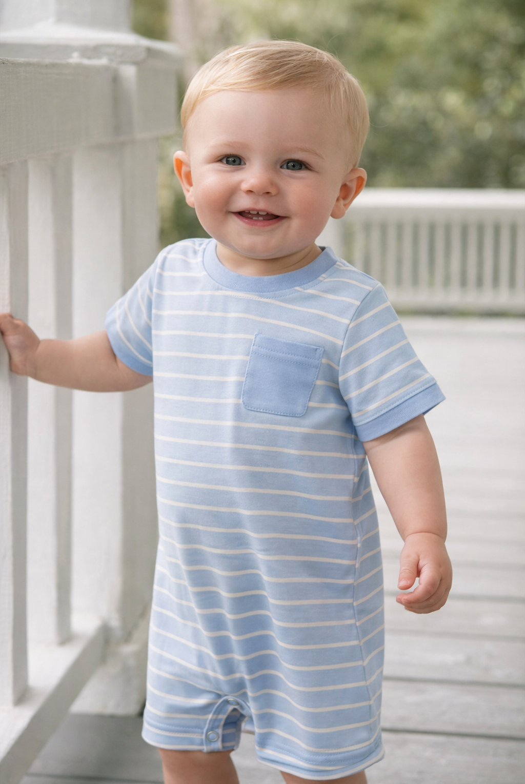 Child wearing a blue and white striped romper on a white railing.