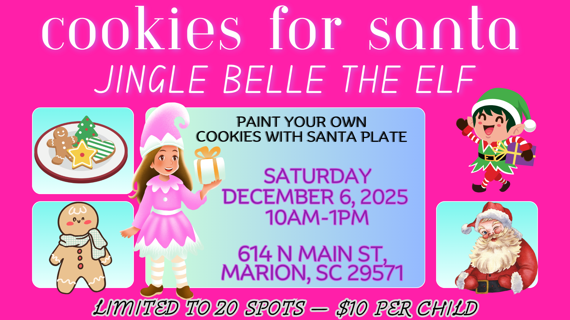 Promotional flyer for 'Cookies for Santa' event with characters and details on a pink background