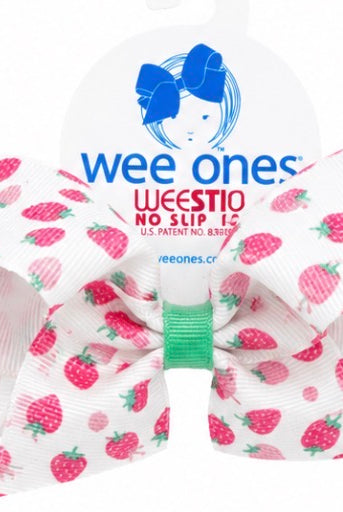 Hair bow with strawberry pattern and 'wee ones' branding on a white background