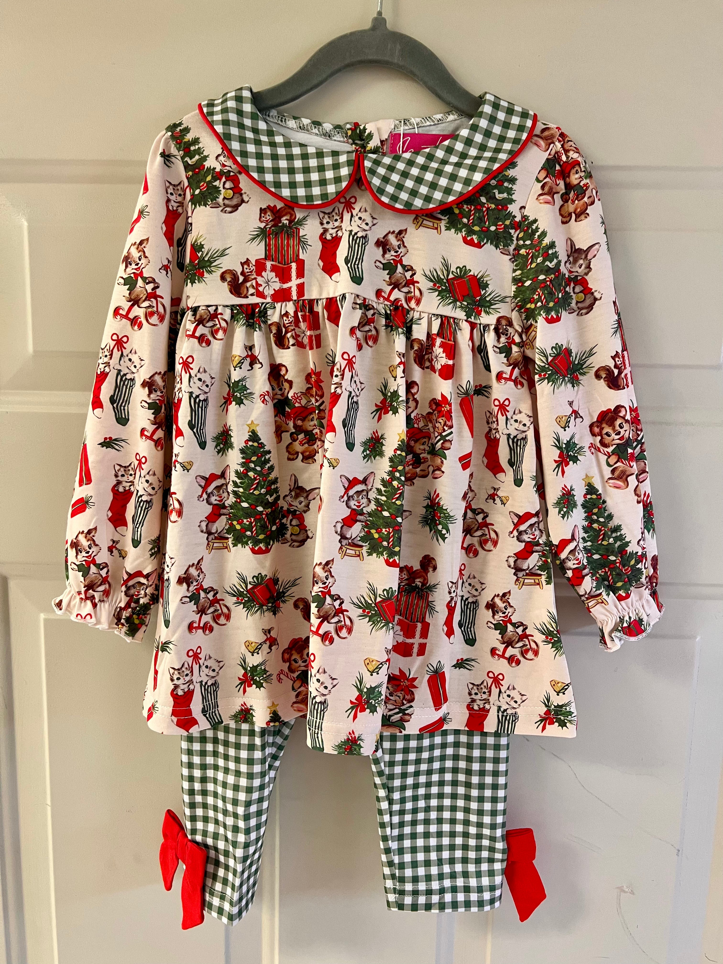 Vintage Christmas girls pant set with green gingham collar and red bows, part of the Little Christmas Shop collection.