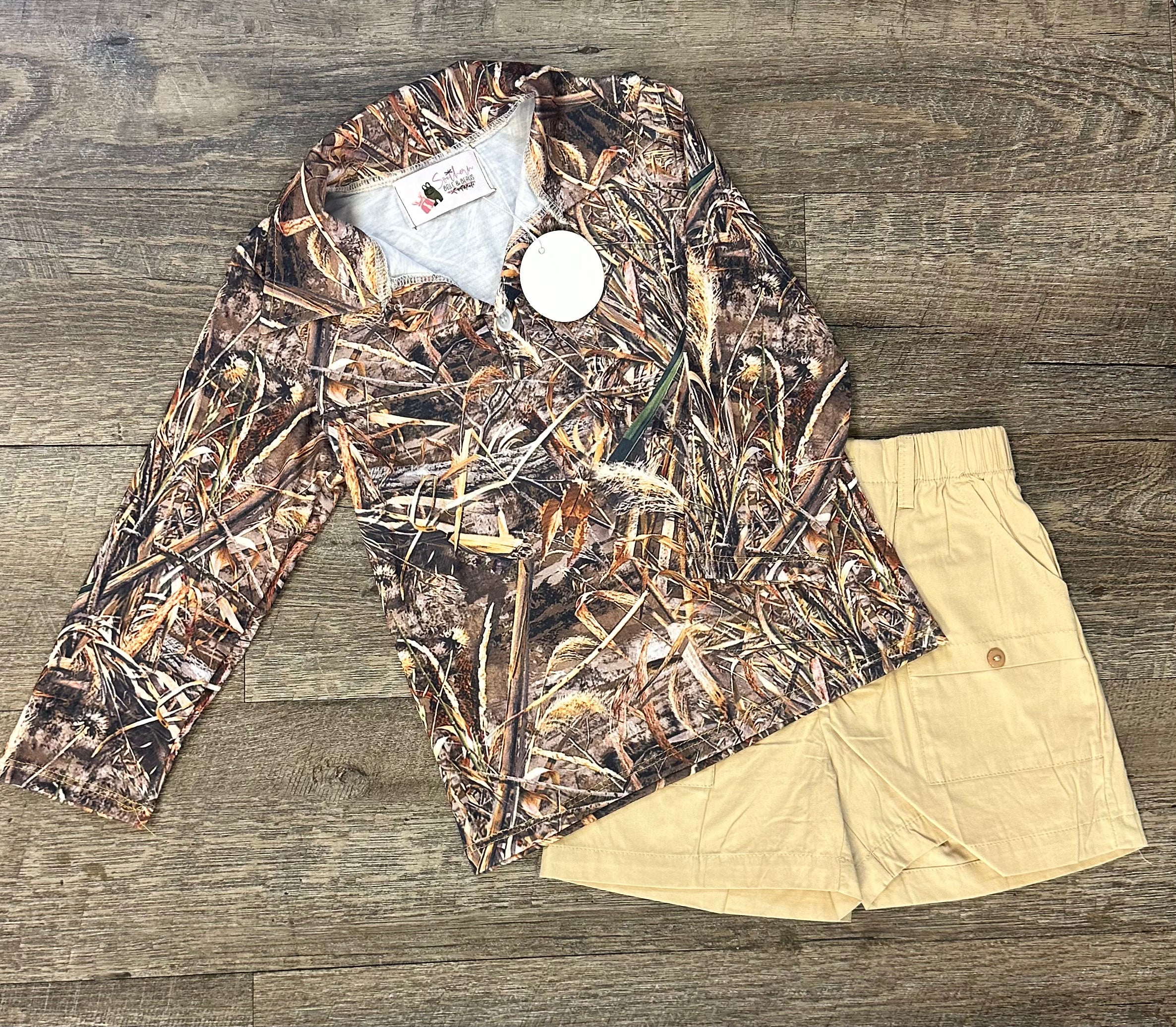 Long sleeve cattail camo polo for boys.