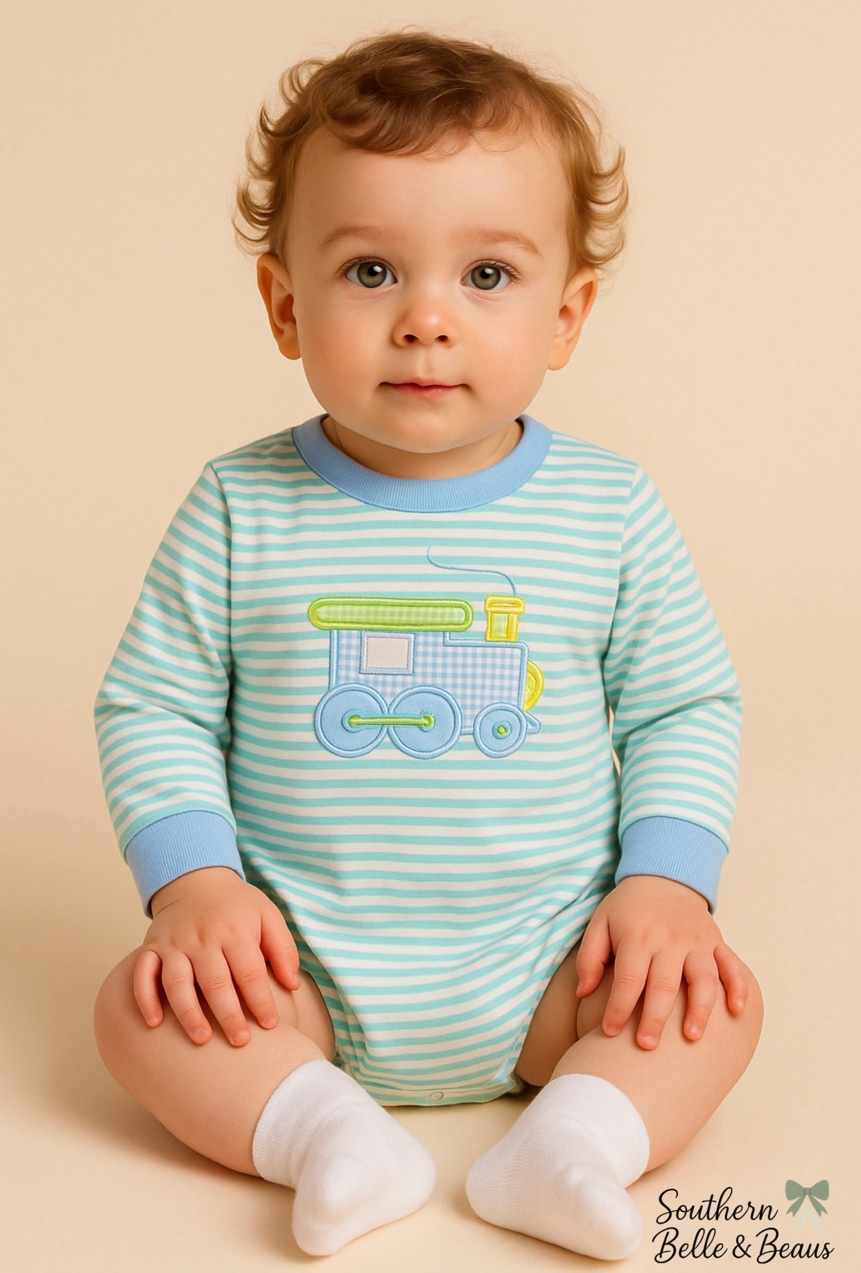 Baby boy mint striped bubble with blue gingham train applique and light blue trim — Tiny Tracks Bubble