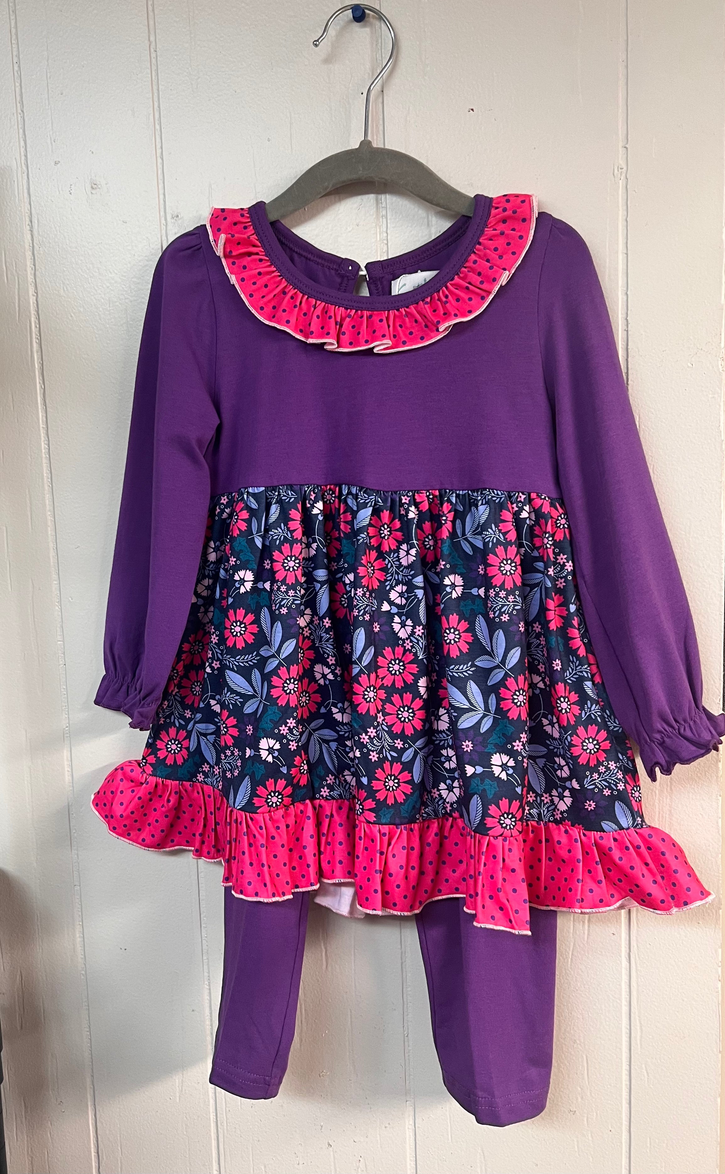 Girls’ purple long-sleeve pant set with a floral and polka dot ruffle tunic top and coordinating purple leggings.