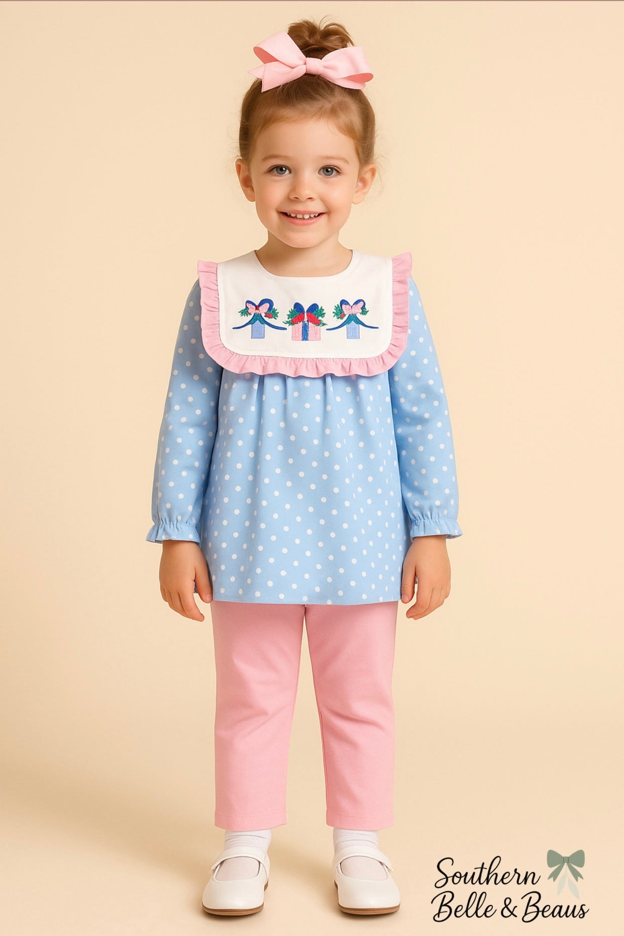 Blue polka dot girls pant set with pink pants and embroidered gift boxes on the collar — Wrapped With Love Collection