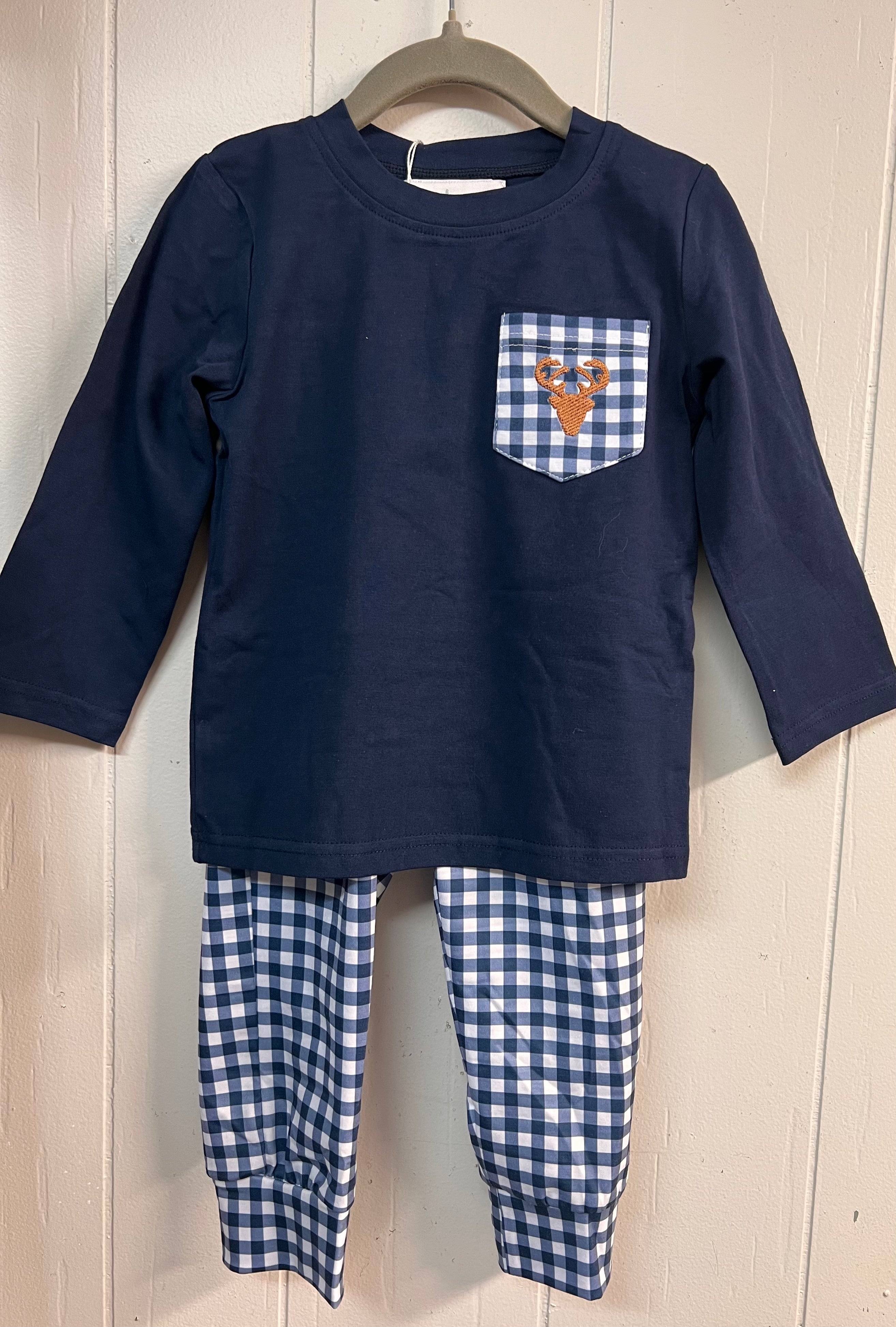 Boys Little Buckshot Jogger Set with embroidered deer pocket top and navy gingham joggers.