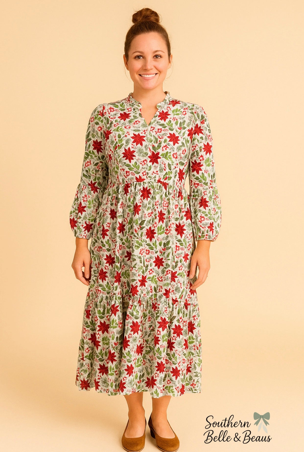 Elegant poinsettia maxi ladies dress with flattering flow.