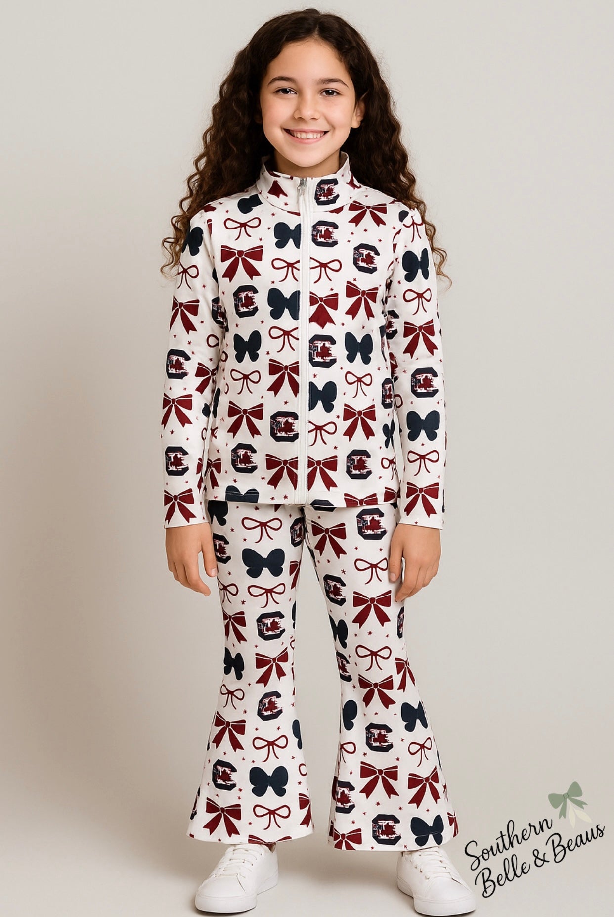 Garnet, black, and white Carolina-inspired print athletic set.